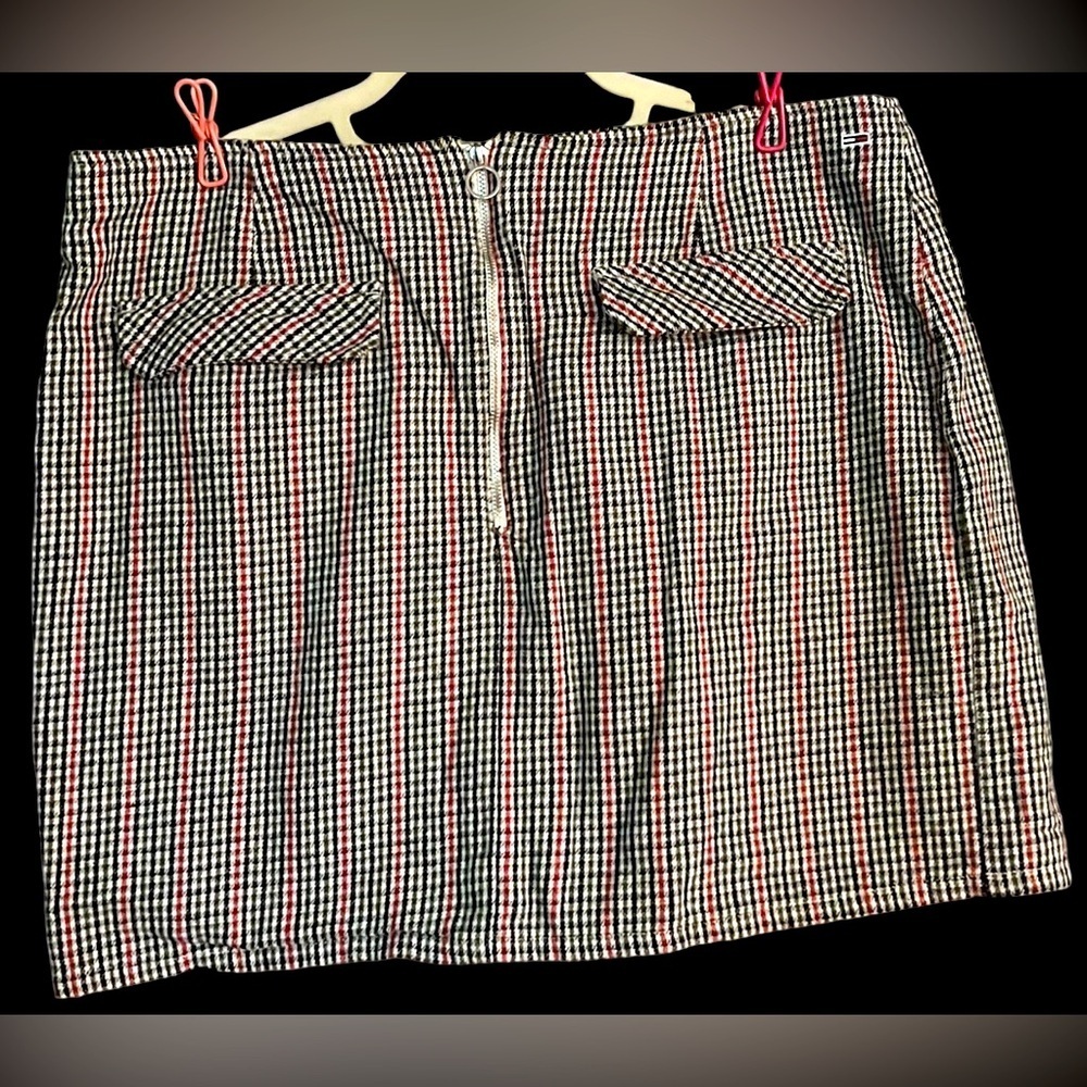 TOMMY JEANS Black/Olive/Orange/Cream Zip Front Lined Mini Skirt, Sz 14, GUC.